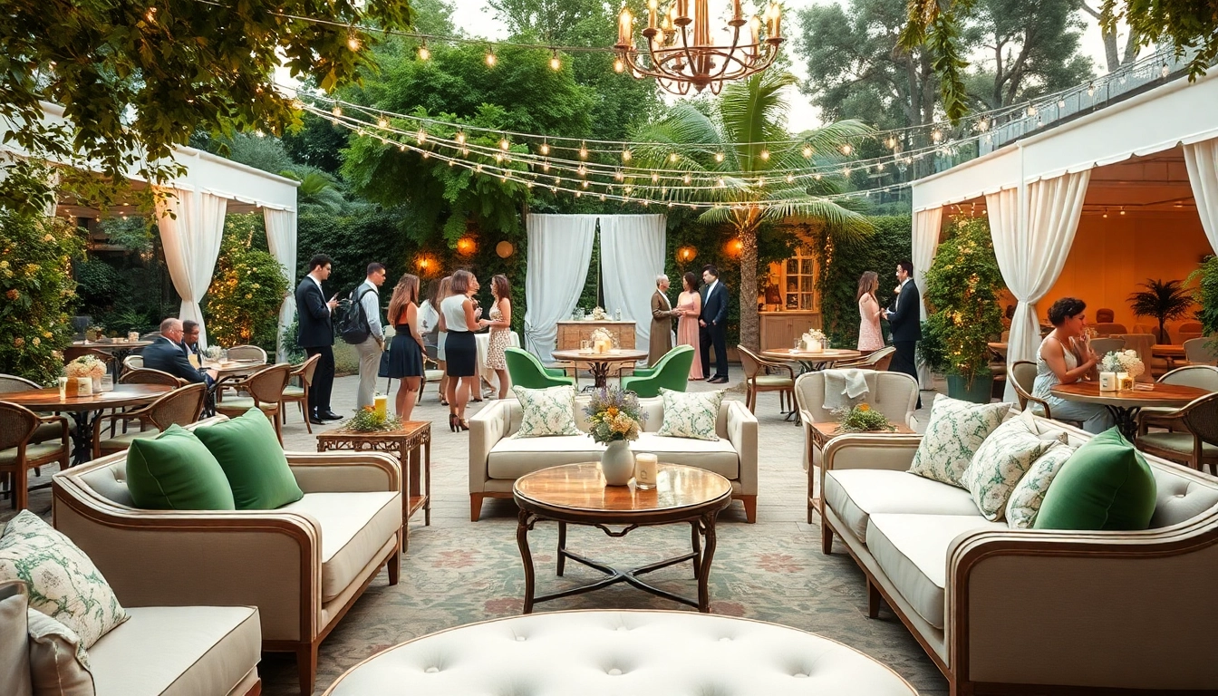 Stylish event furniture rentals in an elegant garden setting enhancing the atmosphere.