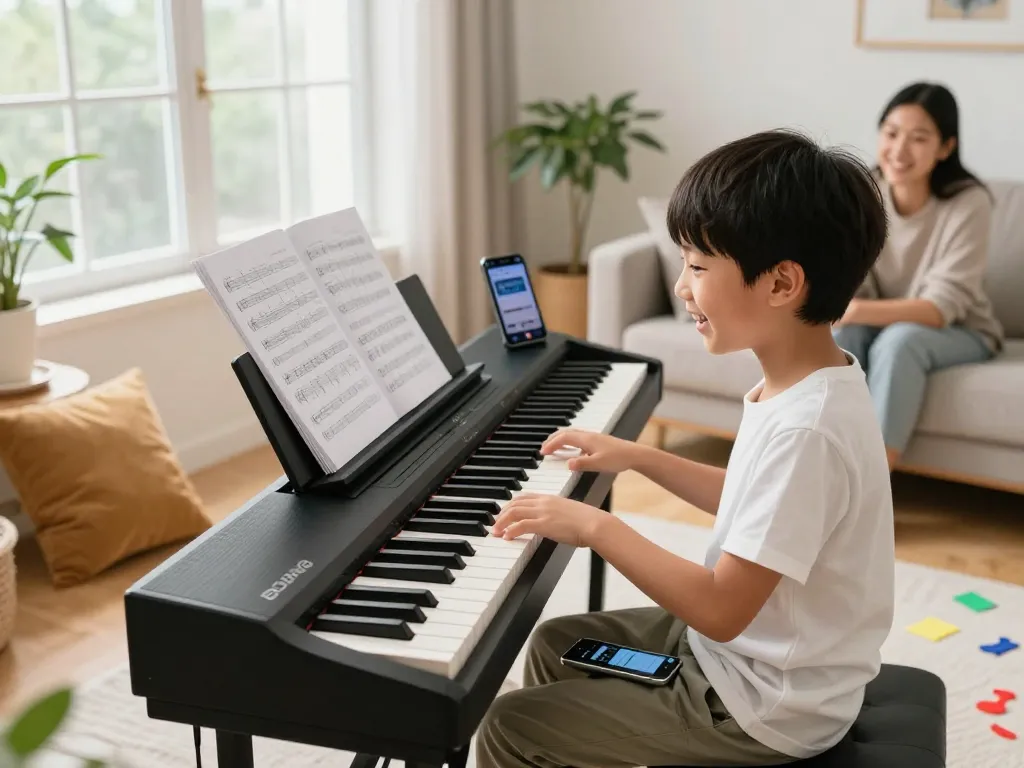 Learn to play the go 88 digital piano in a bright, cozy living room, showcasing the joy of music education.