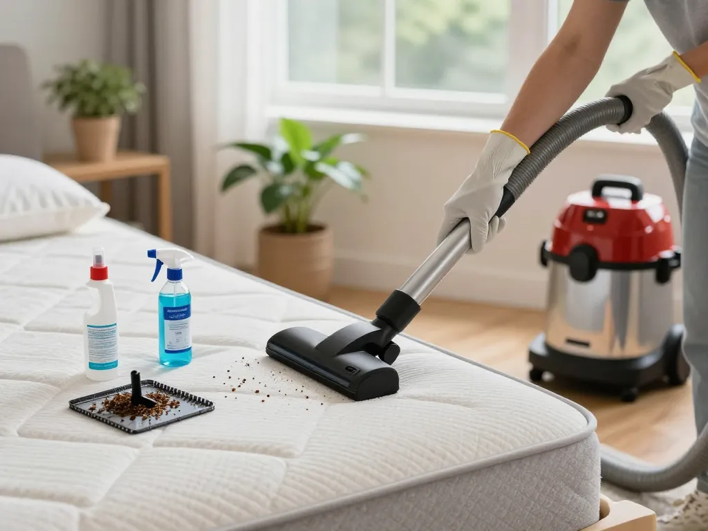 Homeowner applying effective pest control tips while treating a bed bug issue.