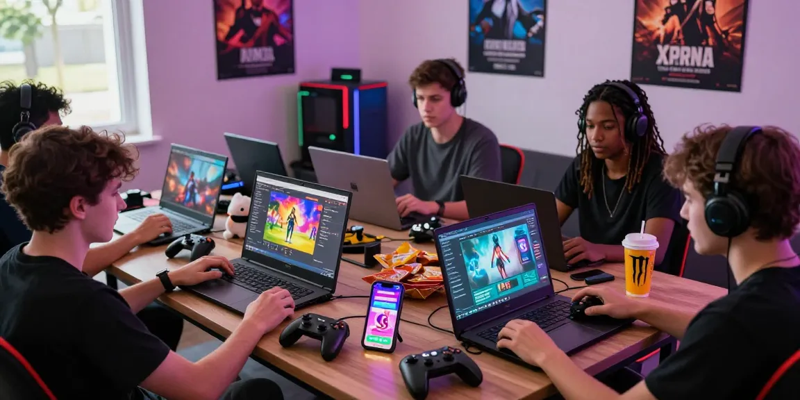 Group of gamers enjoying html porn games on various devices in a vibrant gaming room.