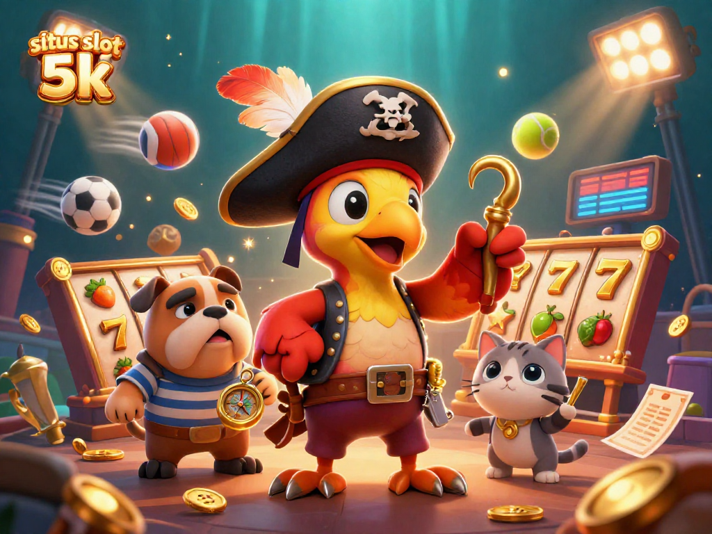 Engage in situs slot 5k with a vibrant 3D scene featuring animated characters and exciting slot game elements.