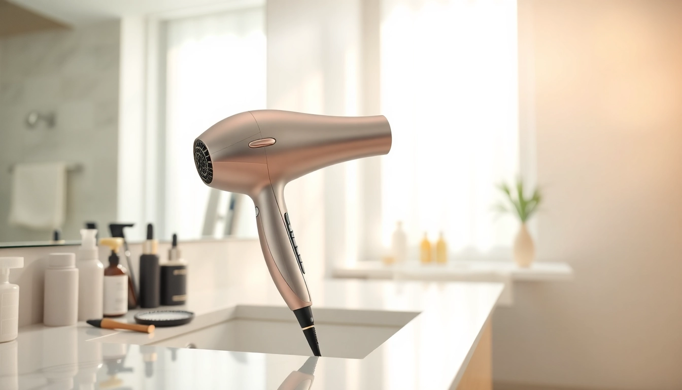 Styling with an ionic hair dryer highlighting its sleek design and advanced features in a modern bathroom.