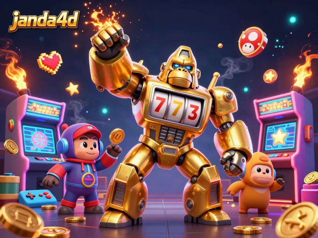 Permainan lotere dan slot gacor di janda4d, dengan karakter 3D menarik dan elemen kasino.