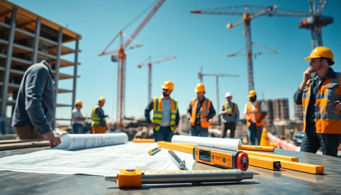 New York Commercial General Contractor analyzing plans at a busy construction site.