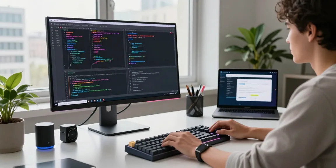 Developer using crushon ai at a modern workstation with code and tech tools.