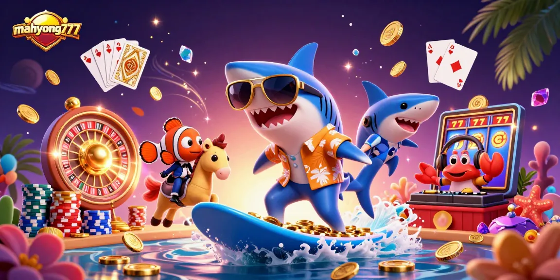 Join the excitement with mahyong777 as a shark surfs gold coins amidst vibrant casino elements.