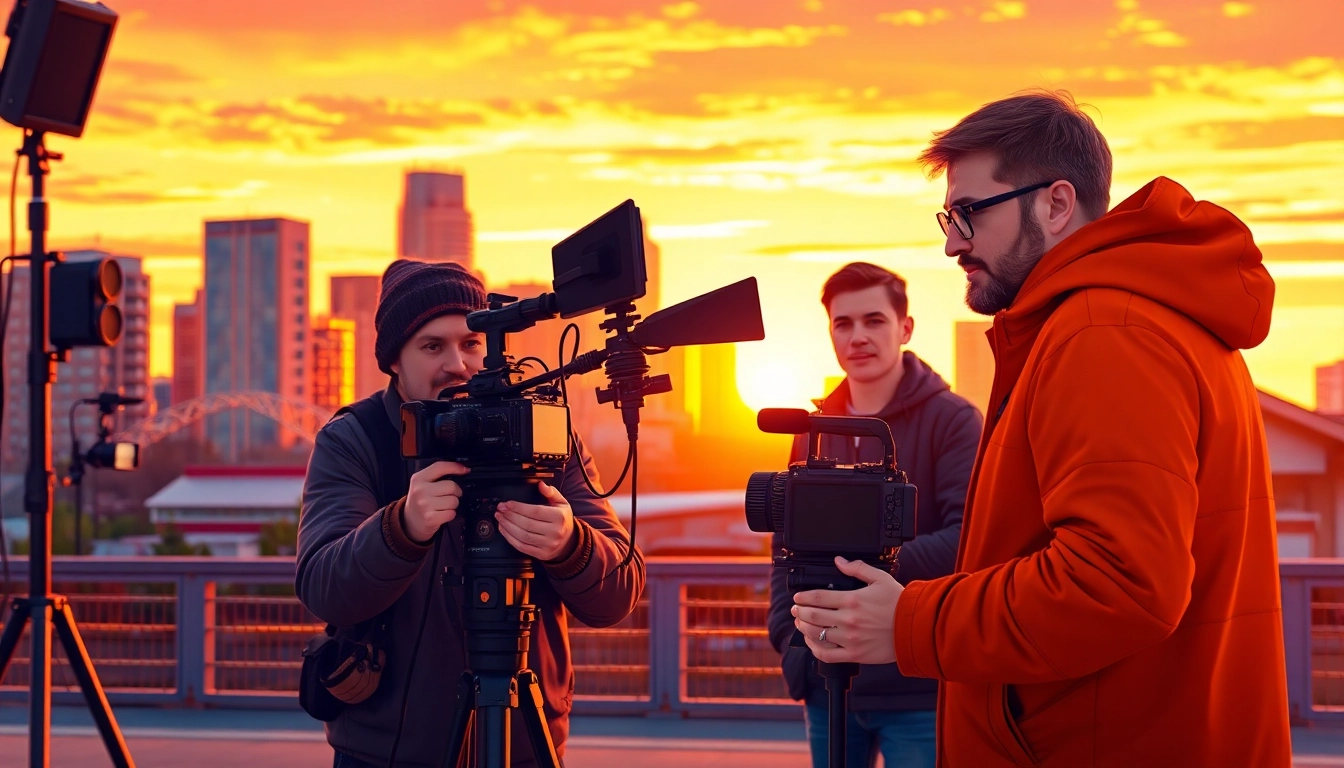 Dynamic video production Edmonton team collaborating creatively in an urban setting.