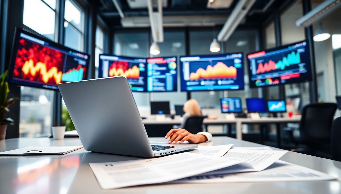 Utilizing linkedin lead scraping software to analyze data in a modern office environment.