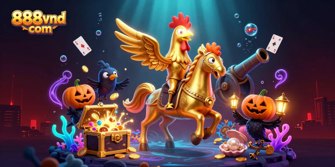 Engage with exciting games at 888vnd com, featuring a golden rooster and glowing characters in a dynamic casino scene.