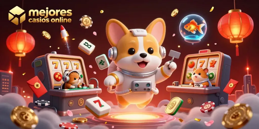 Visualiza los mejores casinos online con un corgi astronauta y elementos de premio.