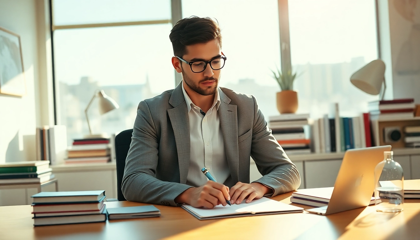 Person contemplating career options to find my true calling while working at a bright office desk.