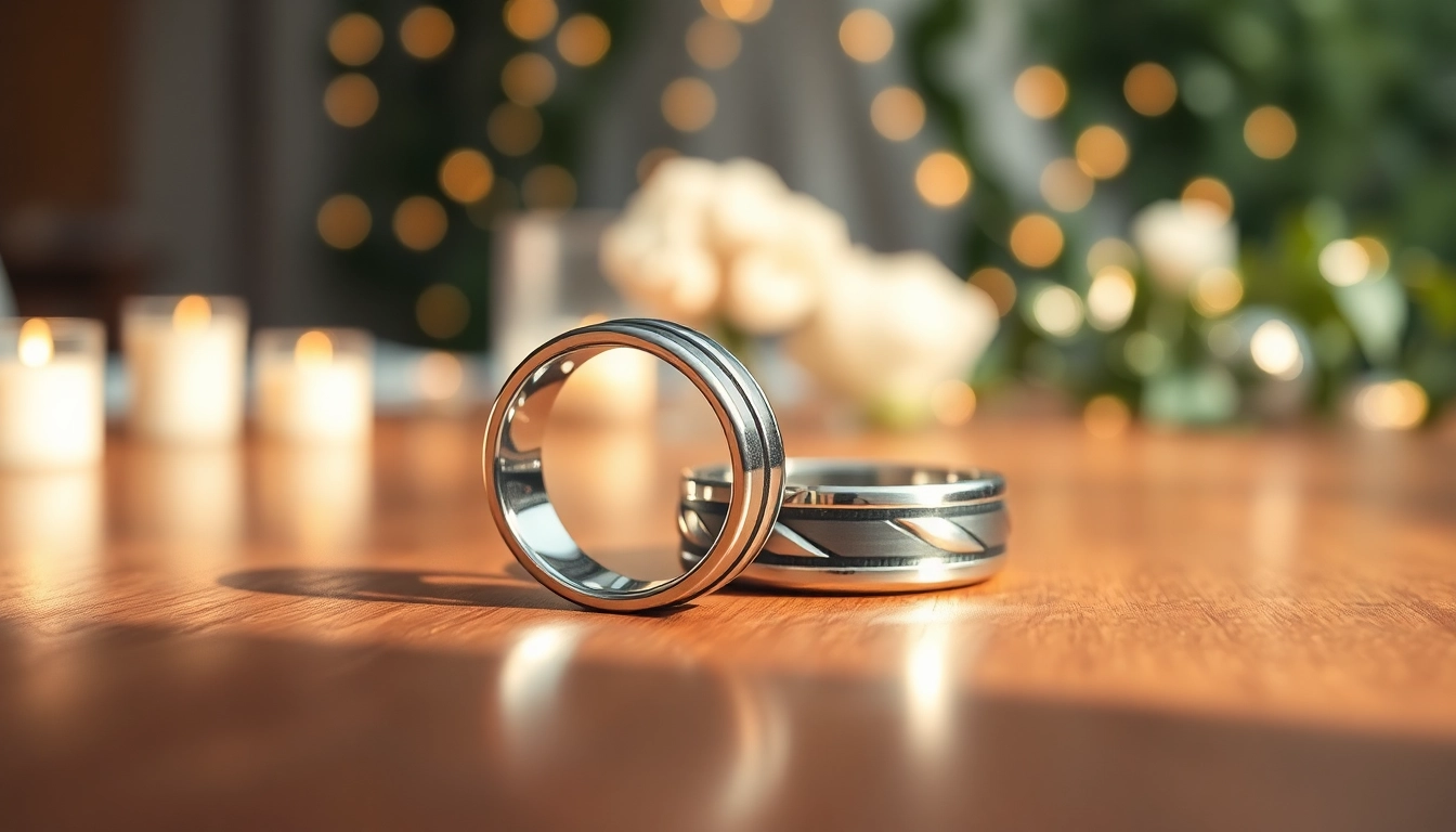 Showcasing exquisite tungsten wedding bands on a wooden surface, capturing their beauty and shine.