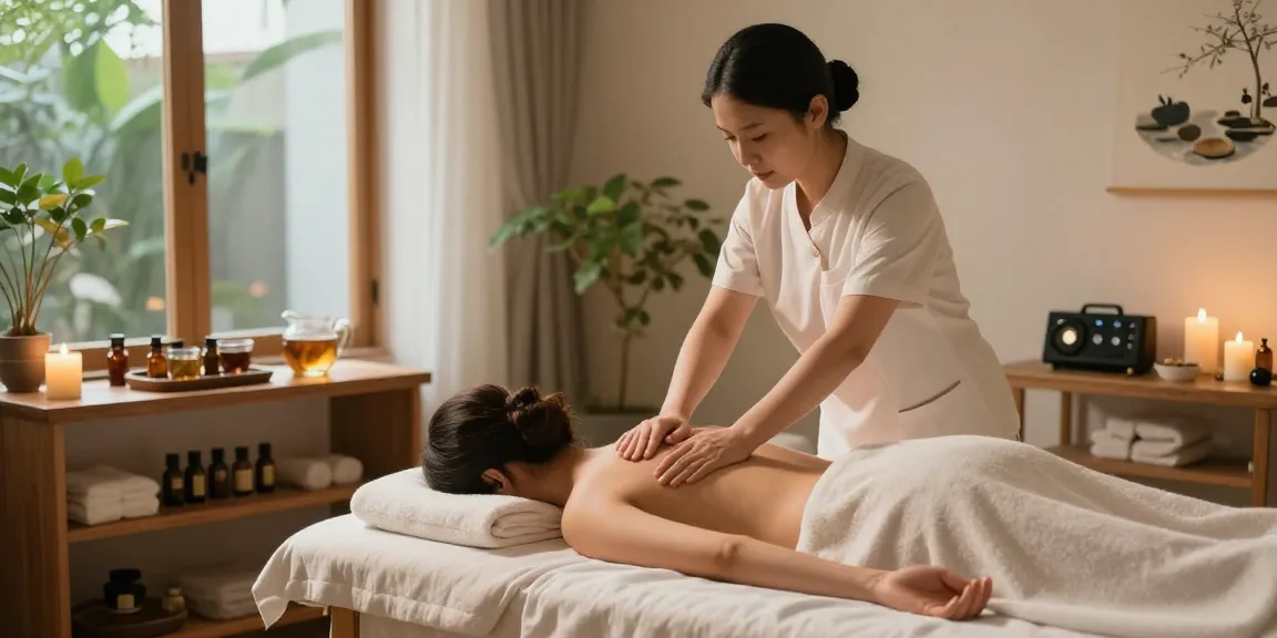 홍대출장마사지 중인 마사지사와 편안한 마사지 테이블이 있는 전문가적인 분위기