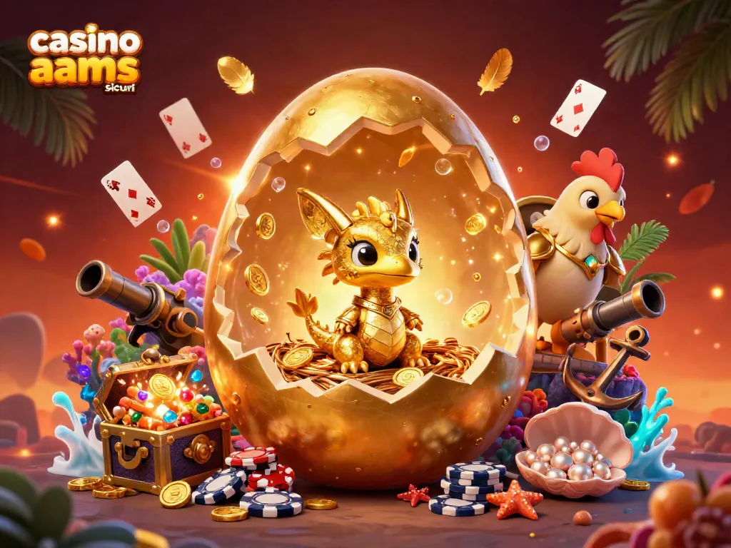 Scopri i migliori casinò non AAMS sicuri con un uovo d'oro e un drago, attorniati da elementi di gioco d'azzardo