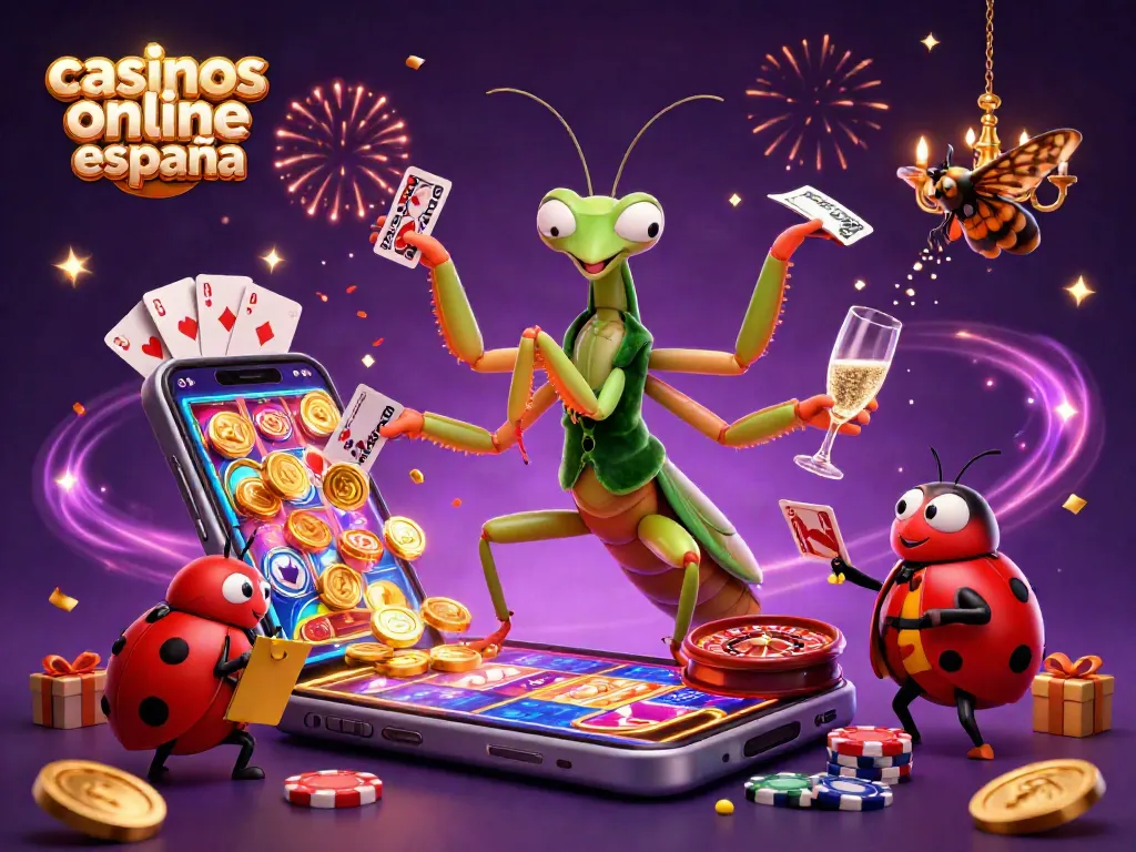 Mantis religiosa gigante en casinos online España, repartiendo cartas y barajando fichas en un entorno vibrante.
