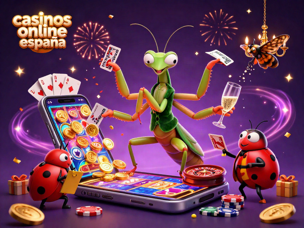 Mantis religiosa gigante en casinos online España, repartiendo cartas y barajando fichas en un entorno vibrante.