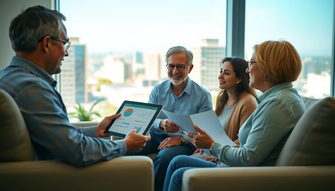 Engaging financial advisor explains retirement planning San Antonio strategies to a couple in a bright office.