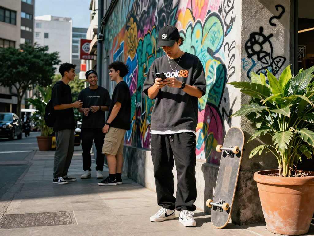 rokok88 branded apparel showcased in urban lifestyle scene with friends and graffiti.