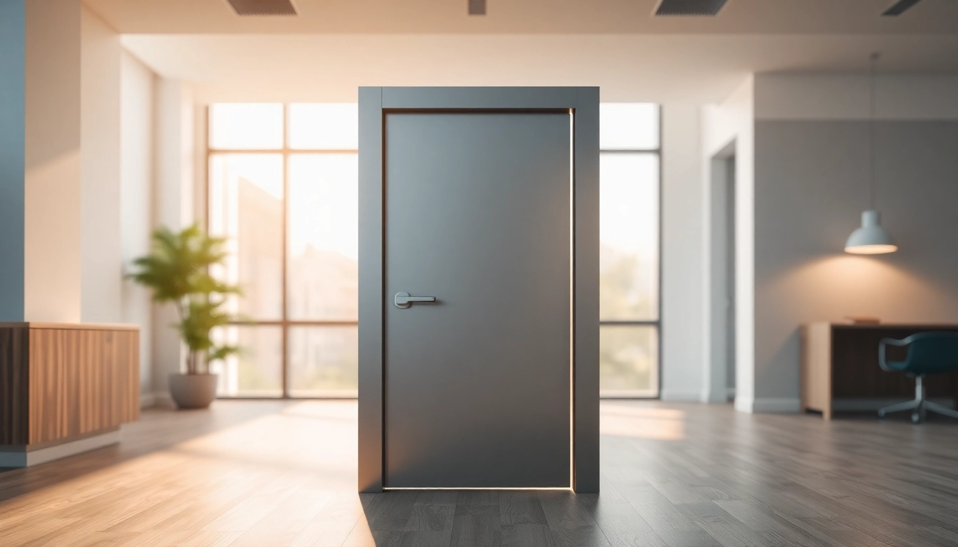 Open exit door inviting exploration within a modern office space.