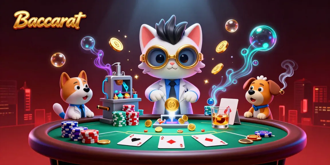 Baccarat gameplay illustrated with a mad scientist cat and a dog assistant amidst vibrant casino elements.