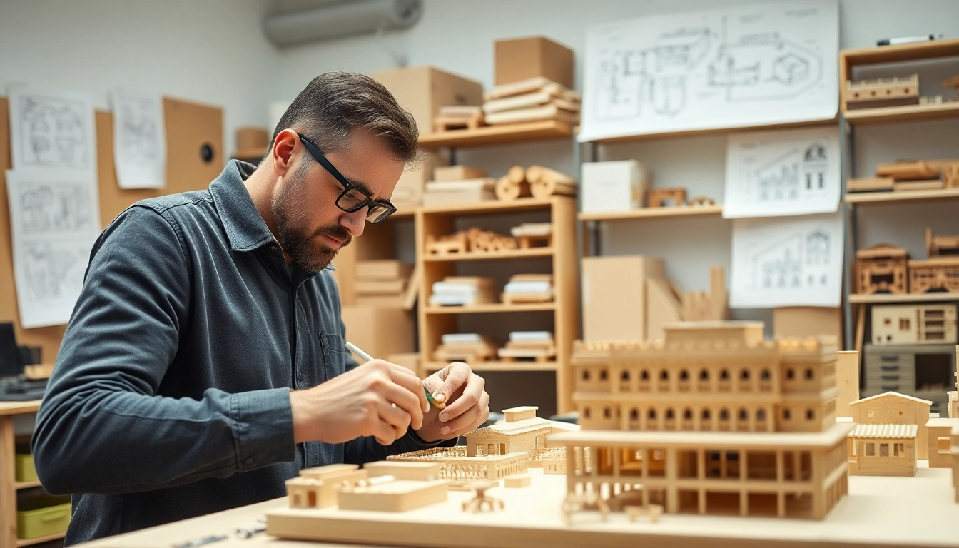 Architekturmodellbau Wiesbaden in Aktion, ein Fachmann erstellt präzise Miniaturmodelle.
