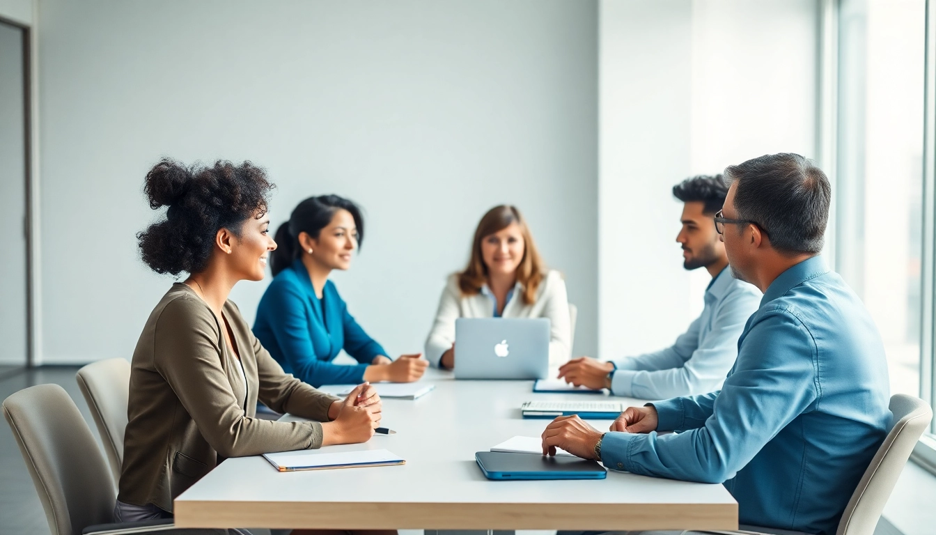 Mediation session with diverse participants discussing collaborative solutions at a conference table.