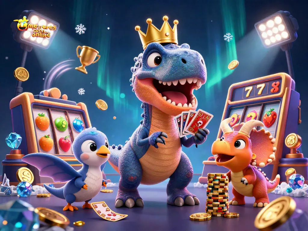 Los mejores casinos online ilustrados con un T-Rex y elementos de juegos de azar dinámicos.