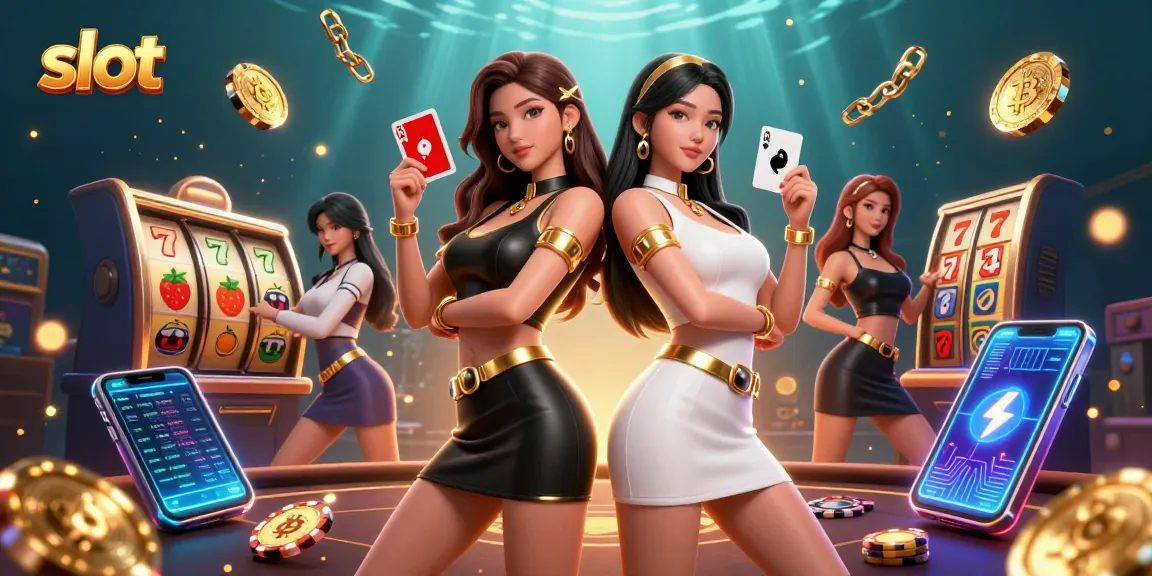 Experience thrilling slot action with stunning twin Asian women enjoying the game.