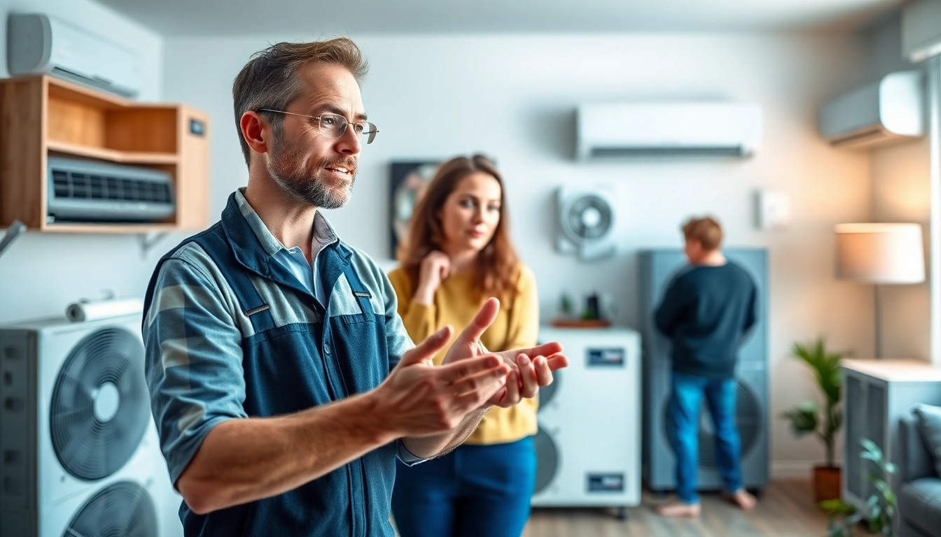 Consulting with an american standard hvac dealer in a modern home setting with HVAC systems.
