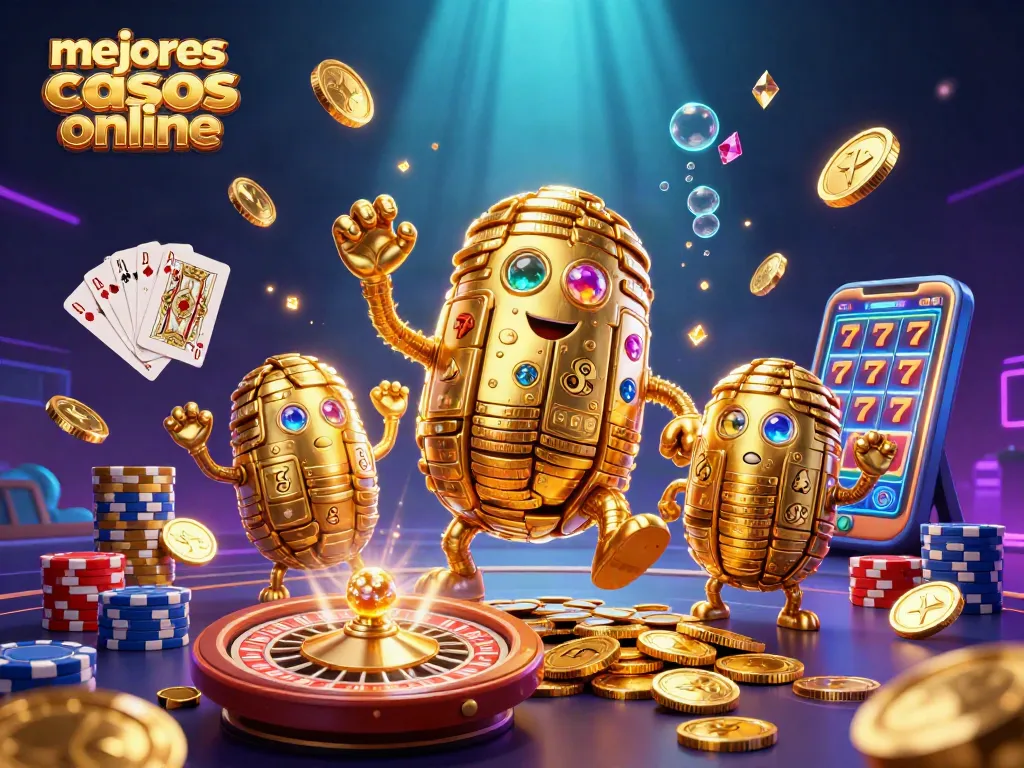 Juega en los mejores casinos online con esta ilustración animada de tragamonedas y juegos que brillan.