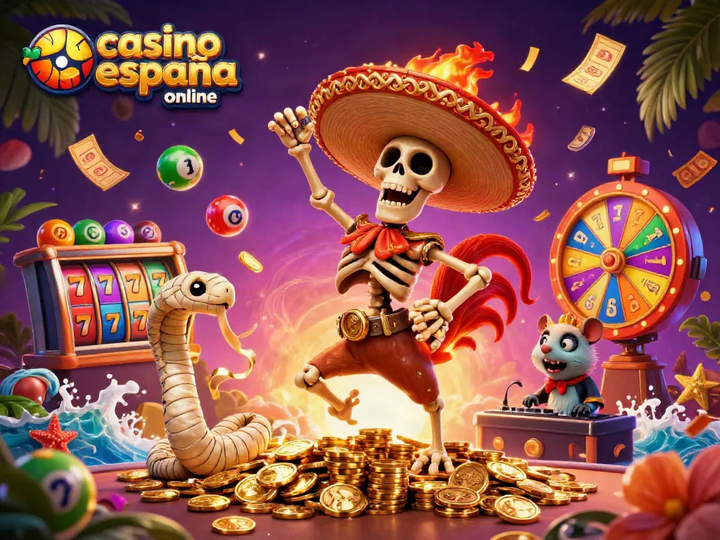 El casino españa online vibra de emoción con un esqueleto mariachi y una serpiente momia entre colores y premios.