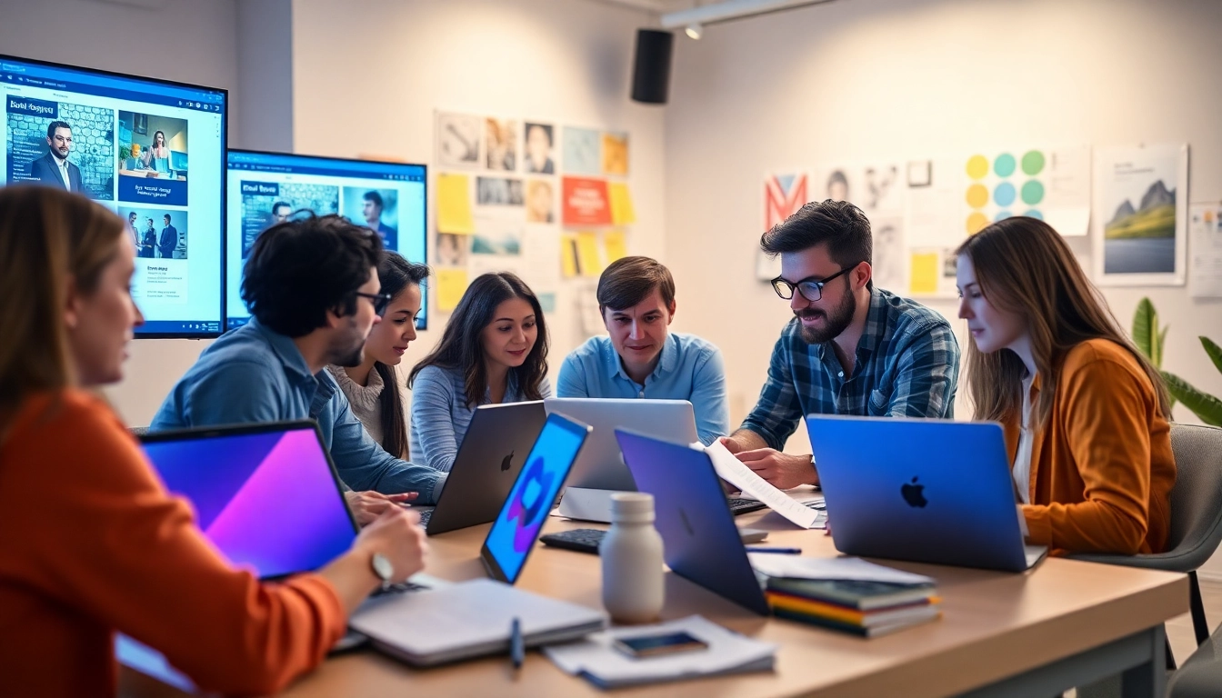 Engaging scene of Website Designers Hereford collaborating in a modern studio space.