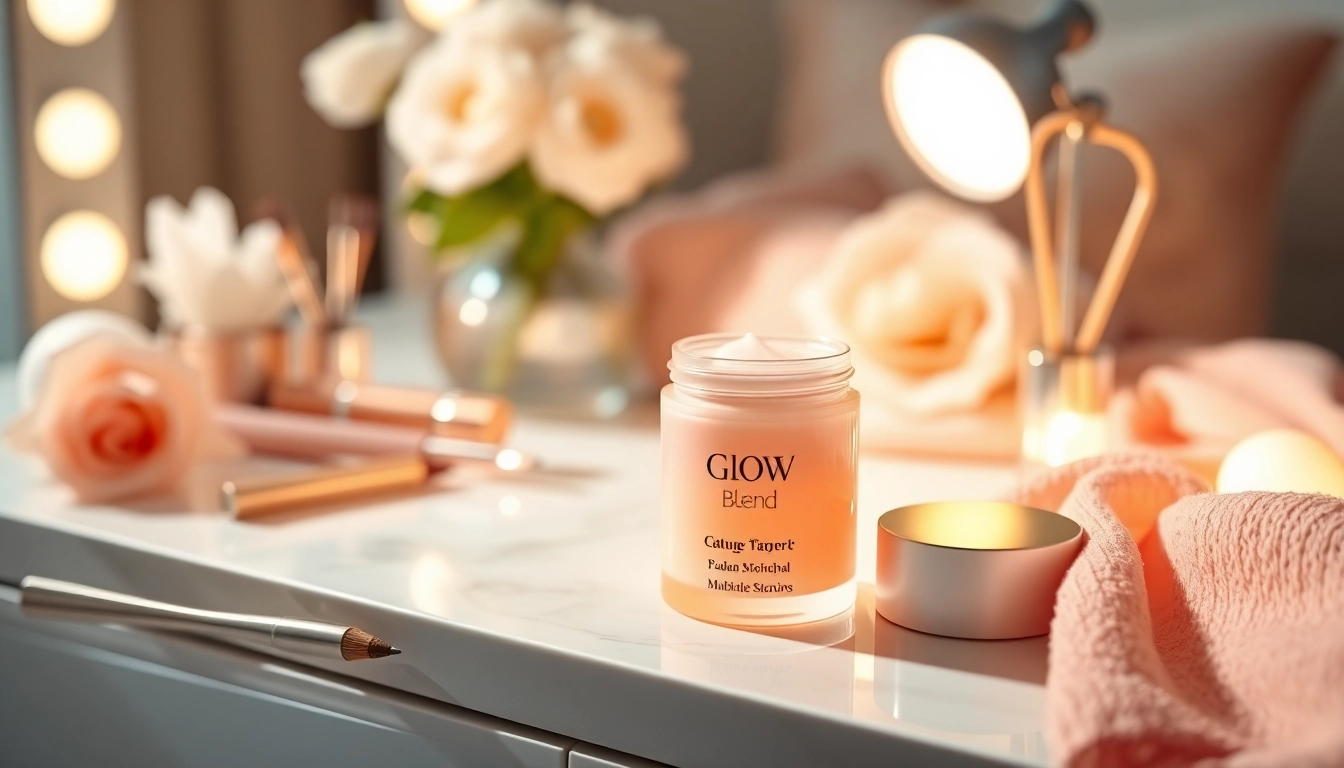 Enhance your beauty ritual with Glow Blend, a luxurious product set elegantly on a modern vanity.