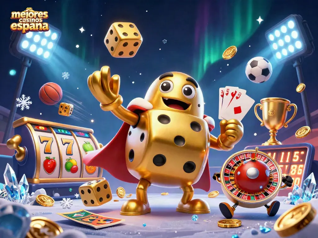 Disfruta de los mejores casinos España con divertidas ilustraciones de dados y tragamonedas en un ambiente vibrante.