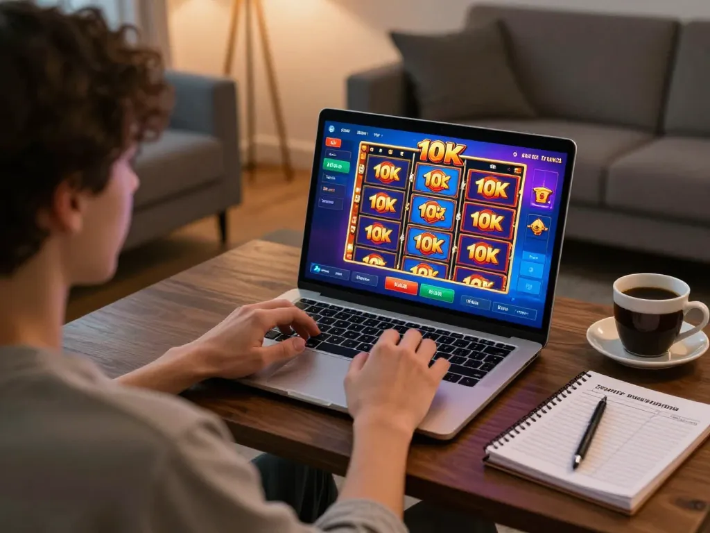 Enjoying a thrilling slot 10k game on a laptop in a cozy home setting, showcasing a winning strategy.
