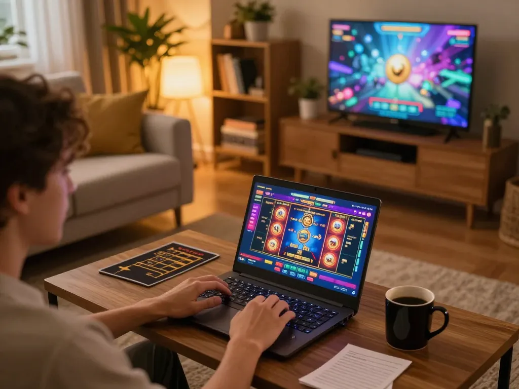 Engaging in link gacor gameplay on a laptop, showcasing vibrant slot visuals and a cozy home atmosphere.