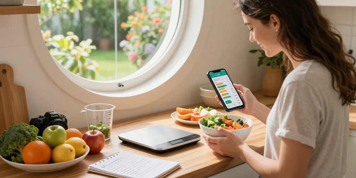 The best macro tracking app displayed on a smartphone as a woman prepares a healthy breakfast, emphasizing nutrition management in a bright kitchen.