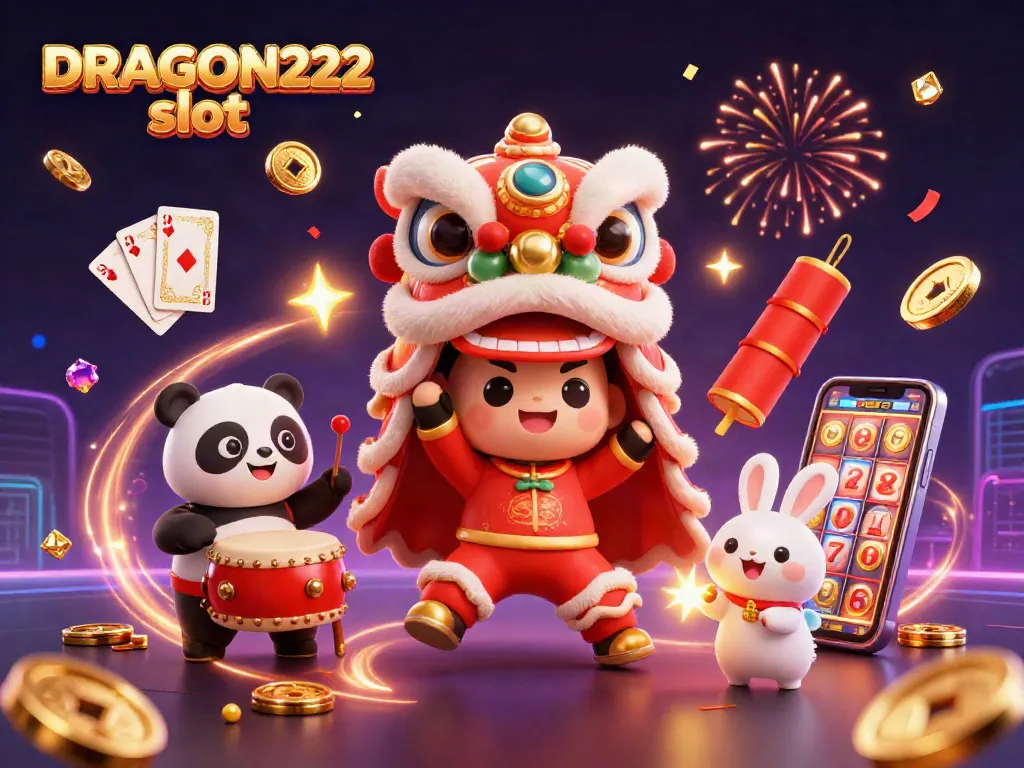 Spin to win with DRAGON222 slot through an exciting 3D scene filled with charming characters and vibrant casino elements.
