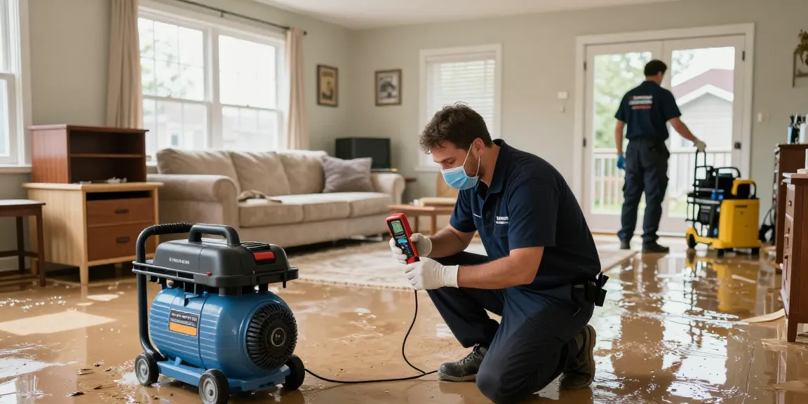 Classic disaster services technician assessing water damage with restoration equipment in a flooded home