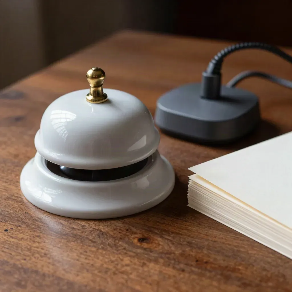 Ceramic desk bell, headset dock and cream reply cards on warm walnut in soft macro light.