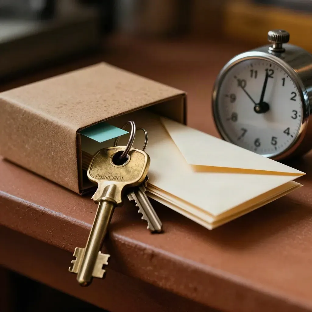 Macro still life of keys, envelopes, appointment box and timer on a terracotta ledge with teal accent.