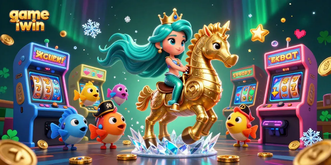 Engage with game iwin's vibrant casino scene featuring a mermaid on a seahorse amidst colorful slot elements.