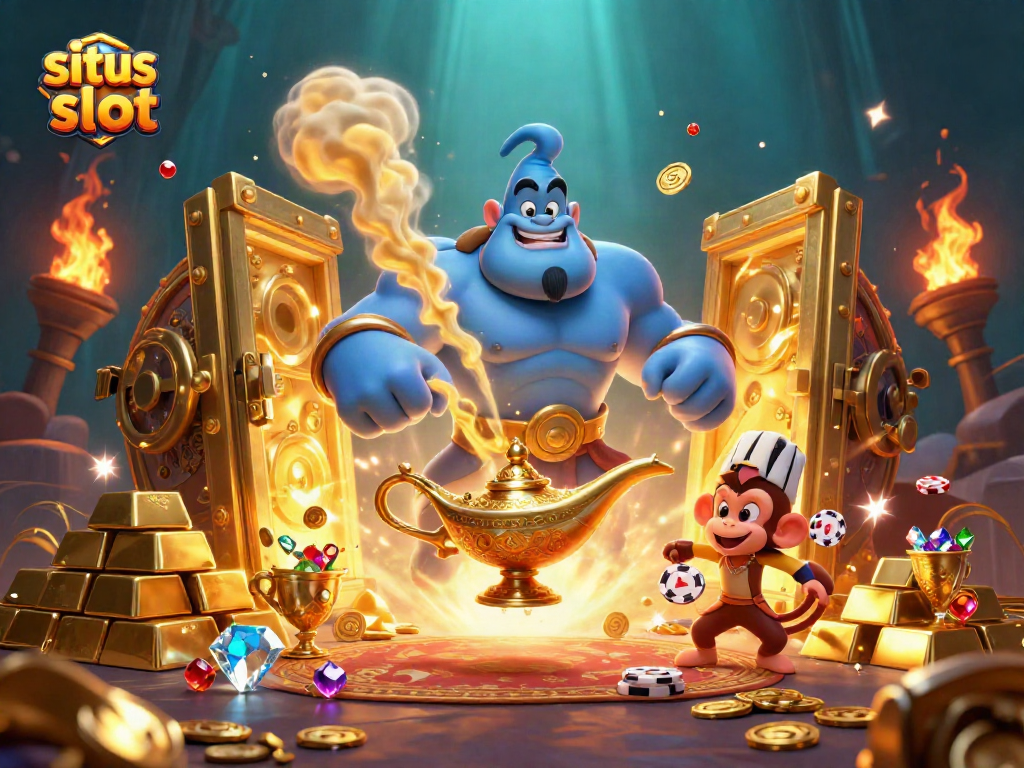 Experience excitement at situs slot with a vibrant 3D illustration of a genie, monkey, and poker chips.