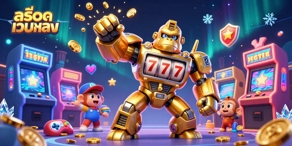 Experience thrilling gameplay with สล็อตเว็บตรง featuring a golden gorilla mech and captivating casino elements.