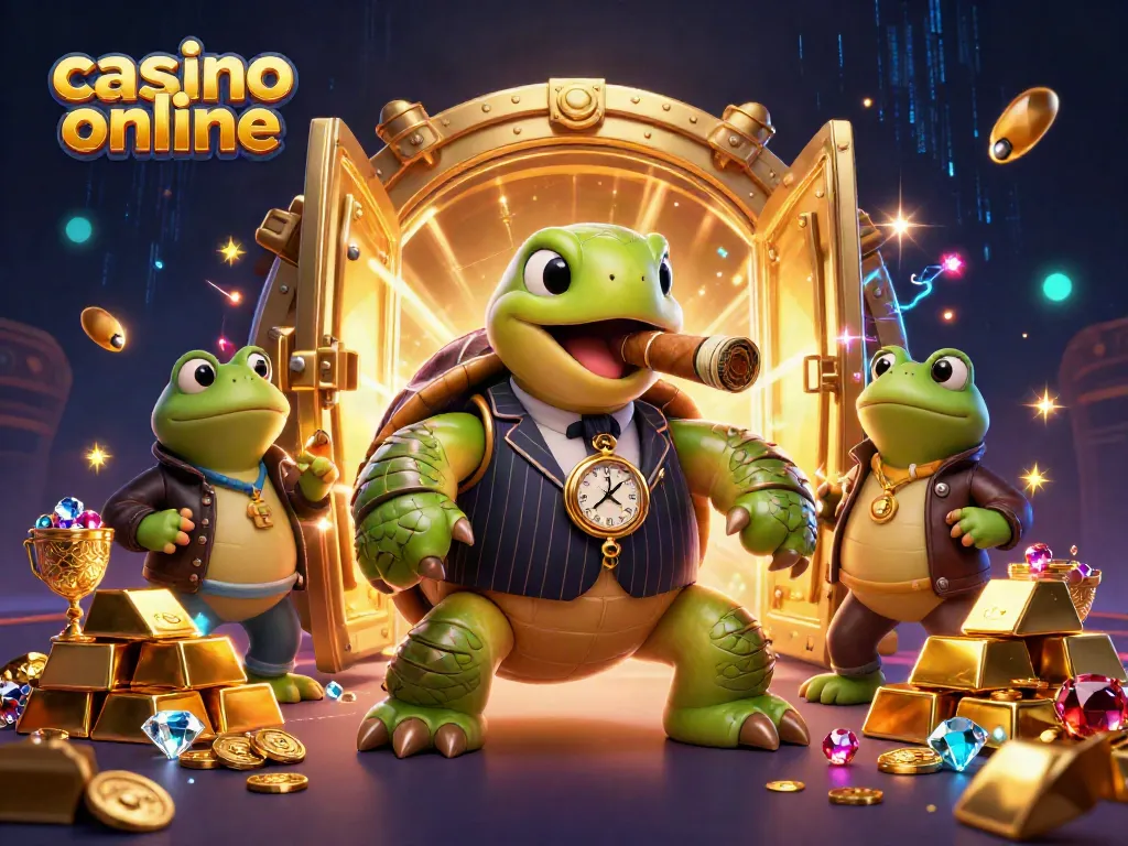 Scopri i migliori casino online con l'illustrazione di una tartaruga in costume tra monete e gioielli.