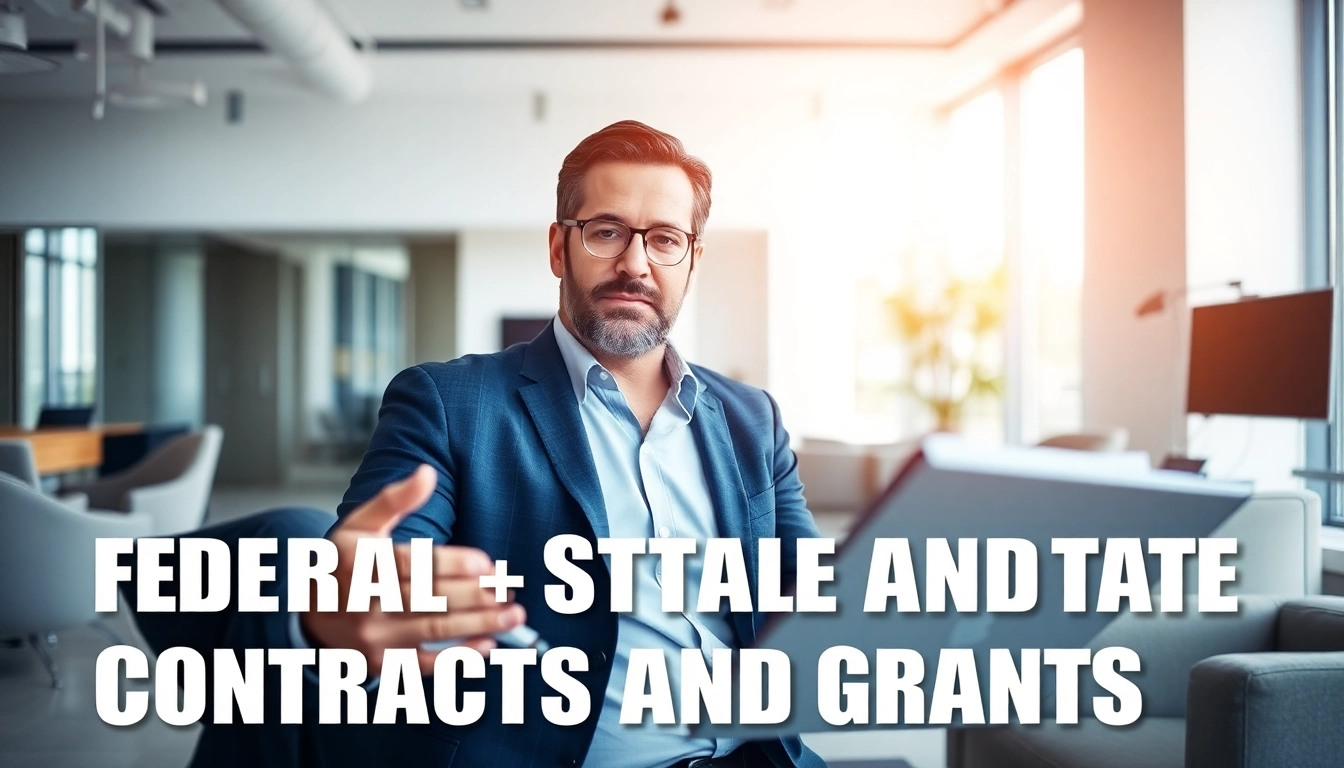 Engaging in discussions about Federal and State contracts and grants in a professional office environment.