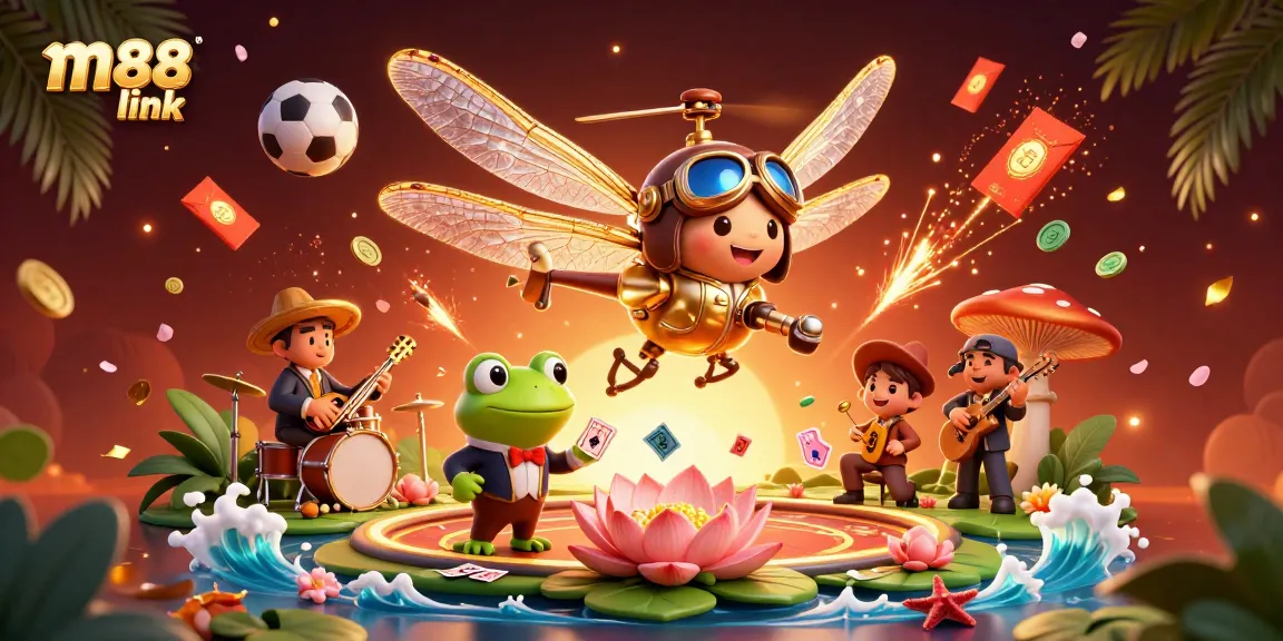 Experience the thrill of betting with m88 link in a dynamic 3D casino scene featuring a dragonfly pilot and croupier.