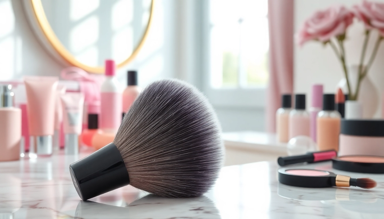 Applying makeup with a dense makeup brush showcasing vibrant colors and smooth bristles.