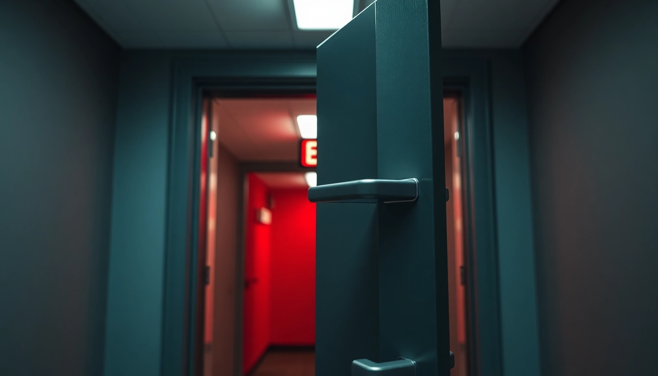 Exit door featuring a panic bar mechanism in an emergency setting, highlighting safety and functionality.