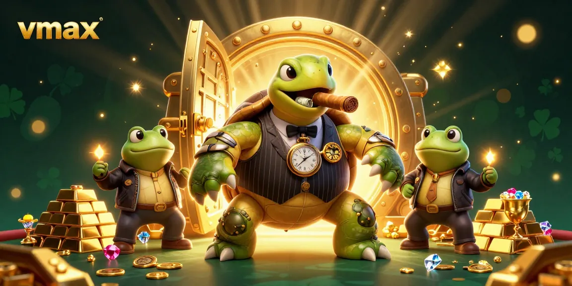 Engage with Vmax's dynamic casino experience alongside vibrant cartoon characters enjoying high rewards.